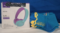 3 Pcs New | ( 2 ) Outdoor Master Kids Thick Ski Socks & Olyre Kids Wired Luxe Headphones W/ In line Microphone ( 3.5mm Metal Plug )