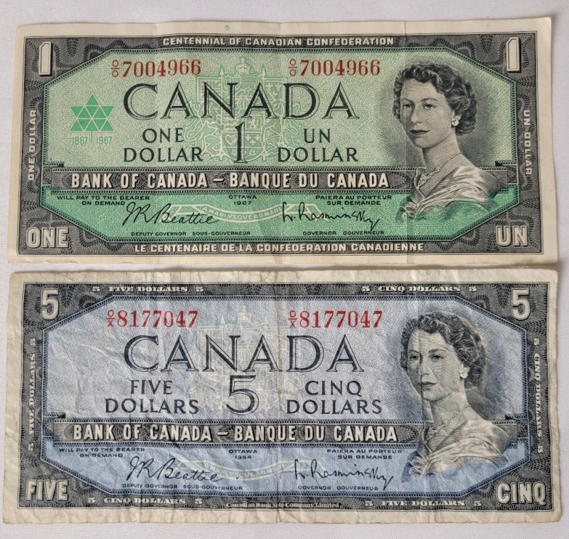 1954 Canadian Bank of Canada Five Dollar Bank Note & 1967 Bank of Canada Centennial One Dollar Bank Note