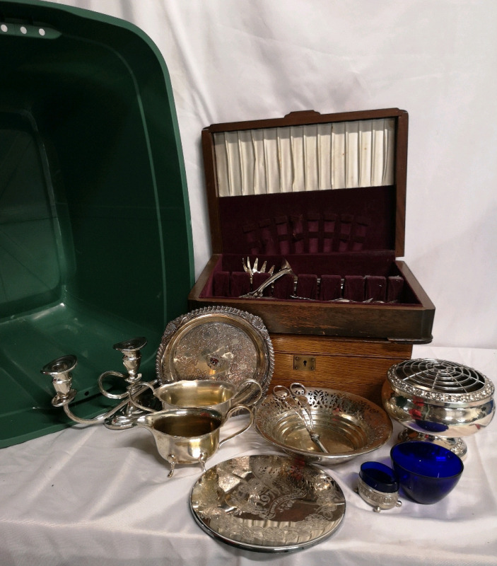 Vintage Silverplate Lot - Wooden Cutlery Cases, Candelabra + Cobalt Blue Glass + Storage Tote+