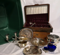 Vintage Silverplate Lot - Wooden Cutlery Cases, Candelabra + Cobalt Blue Glass + Storage Tote+
