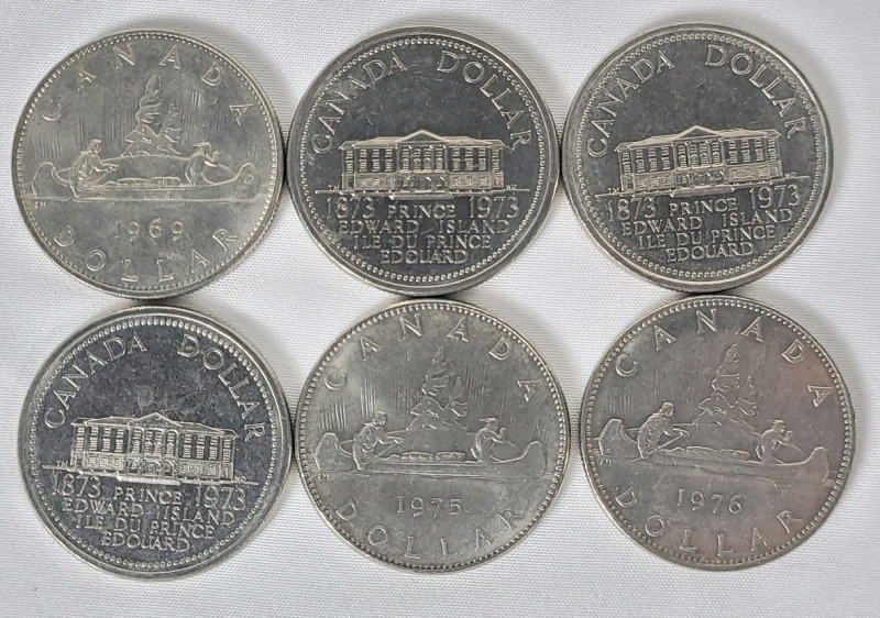 1969 - 1976 Canadian One Dollar Coins . 1969 , 1973 &times;3 , 1975 & 1976 . Six (6) Coins