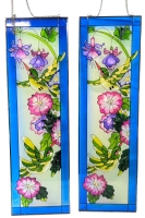 Pair of Vintage Hanging Stained Glass-Style Sun Catcher Panels w Chains | 6.75" x 22.15" Tall ea