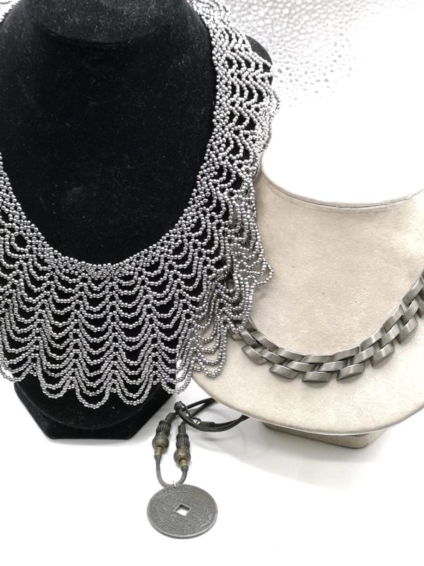 3 Metal Tone Necklaces - Beaded Collar +