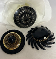 3 Black Luster Brooches Art Deco Antique Black Fabric Black Cab