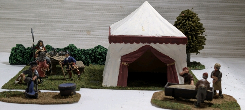 4 Hand Painted Metal Based Miniature Figure Napoleonic Camp Set On Flocked Bases Approx. 1.25" Tall, Tent 4" Tall