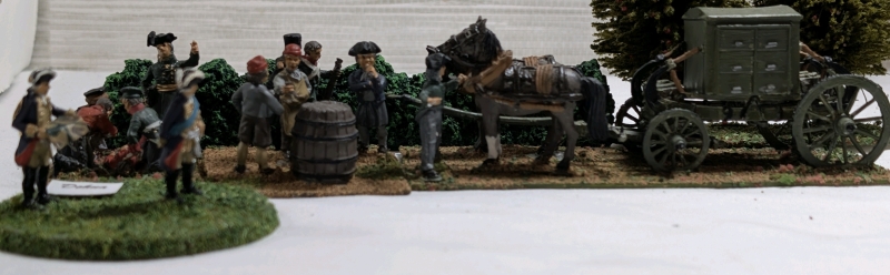 5 Hand Painted Metal Based Miniature Napoleonic Figures On Flocked Bases Approx. 1.25" Tall. Apothecary Cart Approx. 2" Tall