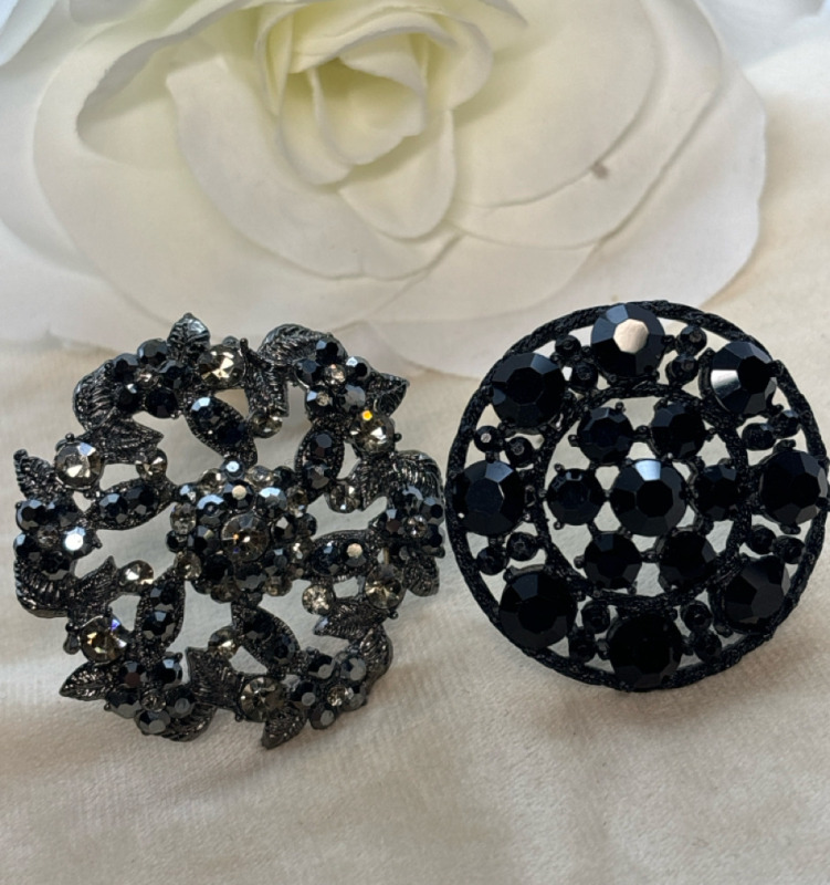 Vintage Jet Black & Clear Rhinestone Filigree Brooch