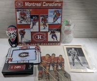 Montreal Canadians Fan Lot Of 2003 Team Calendar, 6"x4" Photo Frame, Plastic Thibault Goalie Mask, Tom Hortons Weber Mini Stick, Canadians Glassware & 2 Photos