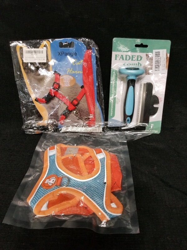 New Pet Products, Including Two Different Cat Harnesses, Bell Cat Collar and a Faded comb