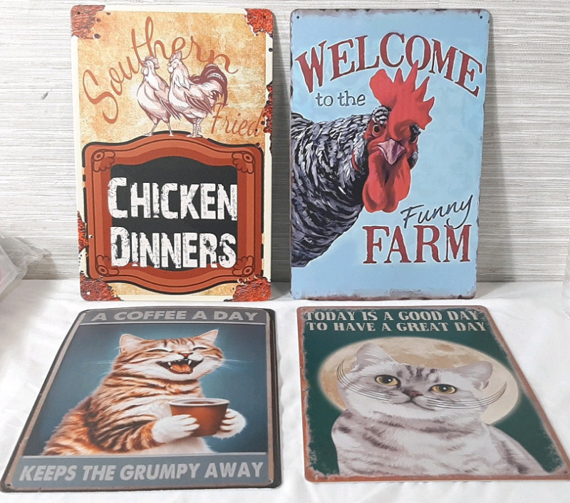 4 New Animal Themed Metal Signs (12"X8")