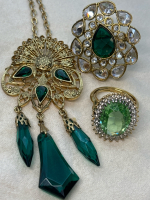 Vintage Filigree Emerald Green Brooch / Necklace Chain Two Rings with Green Stones