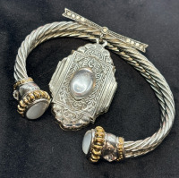 Cable Two Tone Torc CZ Moonstone Bracelet Etched Licket with rhinestone Top Bar Brooch