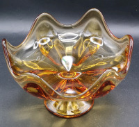 Vintage Unsigned Viking 6-Petal Footed Amber Glass Compote Dish 4.5" Tall