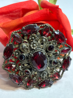 STUNNING Vintage CZECH Ruby Red Glass Rhinestones Filigree Brooch