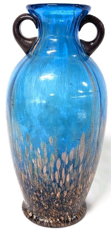 Gorgeous Unsigned Dale Tiffany Blue & Copper Aventurine Favrile Art Glass Vase | 10.15" Tall
