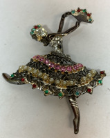 Vintage Amazing Large Ballerina with Fan Brooch Rhinestones