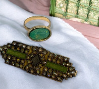 French Designer Pierre Bex Art Deco Style Enameled Brooch Vintage Green Ring Size 8.5