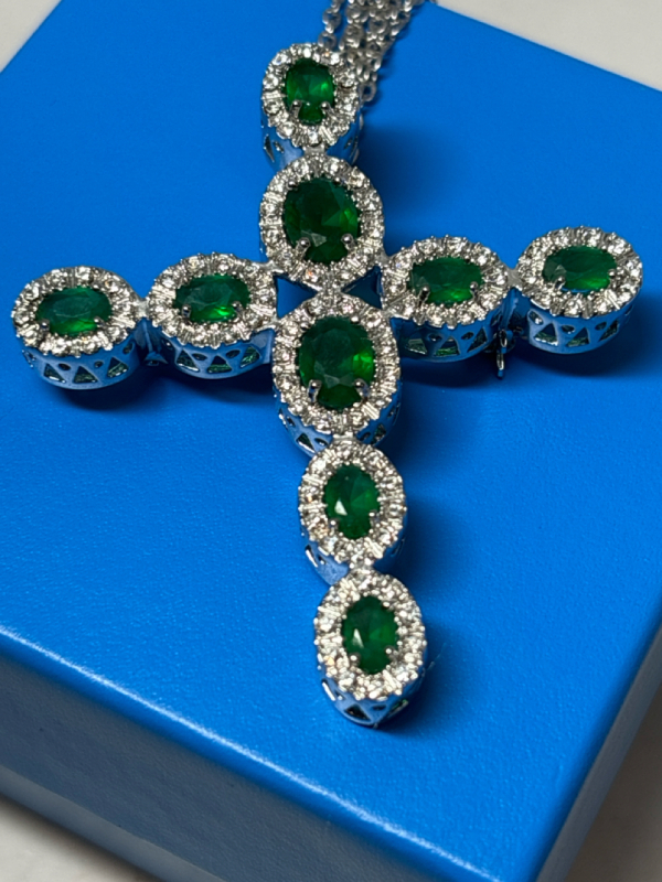 Vintage Cross JB Emerald Green + Clear Rhinestone Enhancer Pendant Brooch with 3 Strand Chain