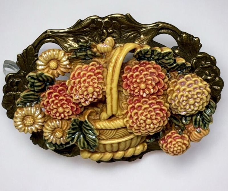 Vintage Celluloid 3-D Basket Of Flowers Chrysanthemum Brooch