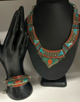 Statement Coral & Turquoise Necklace with Braclet