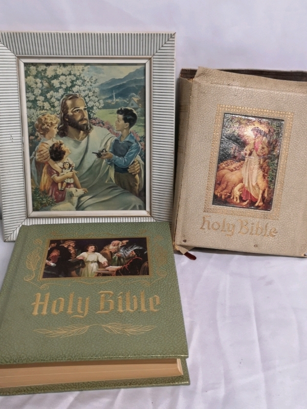 Vintage Holy Bibles & Holy Picture 11" Wide & 13" Tall