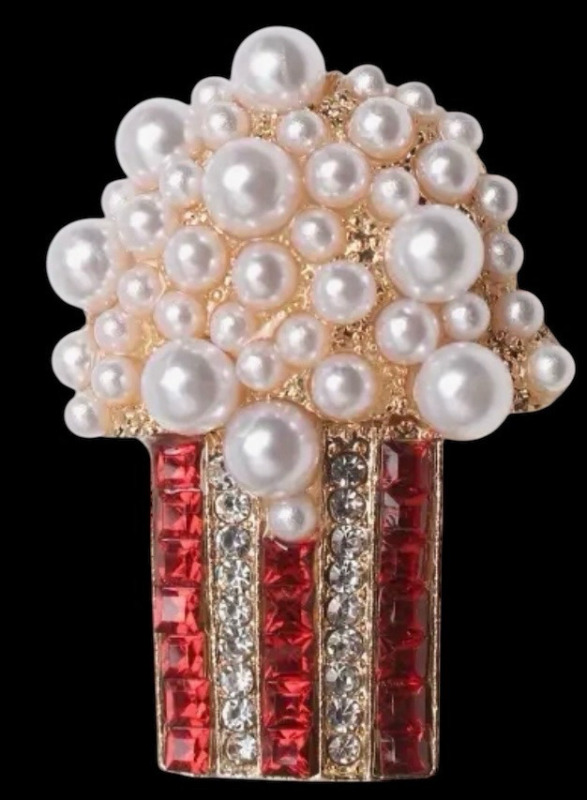 Retro Popcorn Box Gift Box Brooch Red Enamel Rhinestones Faux Pearls