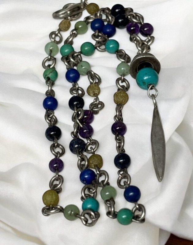 Sterling 925 Turquoise Amethyst Lapis Demure Beaded Necklace
