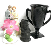 L.E. SMITH Art Nouveau Black Glass Vase + Collectible Bell +
