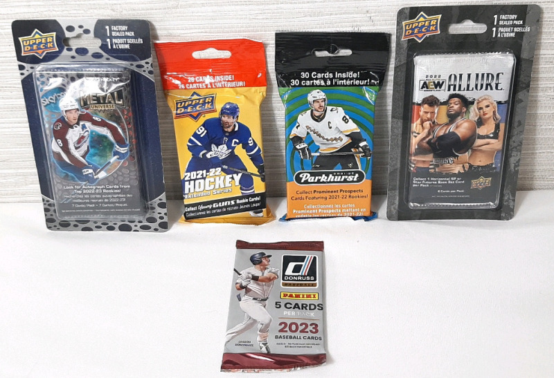 Lot of Sports Trading Cards, Including 2021-22 NHL Hockey Upper Deck Extended Series Pack (26 Cards), 2021-22 NHL Hockey Parkhurst Pack (30 Cards), 2022-23 NHL Hockey Upper Deck Metal Universe Factory Sealed Pack (7 Cards), 2023 MLB Baseball Don Russ Base