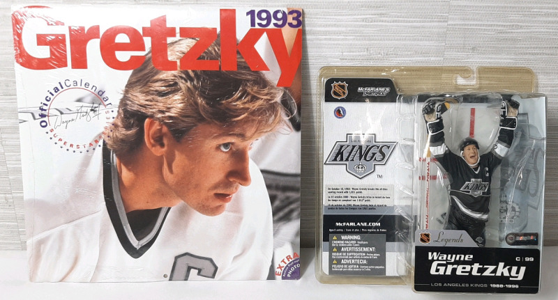 Wayne Gretzky Collectibles, Including NHL Legends McFarlane's 1988-1996 Los Angeles Kings Figure & 1993 Wayne Gretzky Monthly Calendar