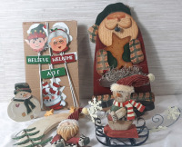 Lot of Wooden Christmas Decorations, Including Lawn Signs (12" Tall), Wooden Hangable Santa (16" Tall), Snowman Sleigh Decoration (7&frac12;" Tall), Santa Moon Hangable Decoration (13" Tall) & Round Snowman Decoration (5&frac12;" Tall)