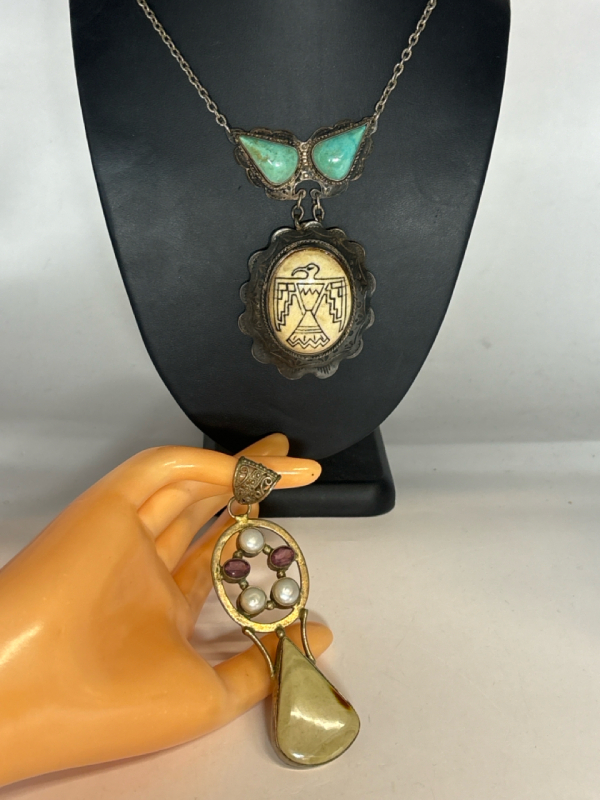 Thunderbird with Turquoise Statement Necklace Signed SC. 4 Inch Pearl Amethyst Pendant