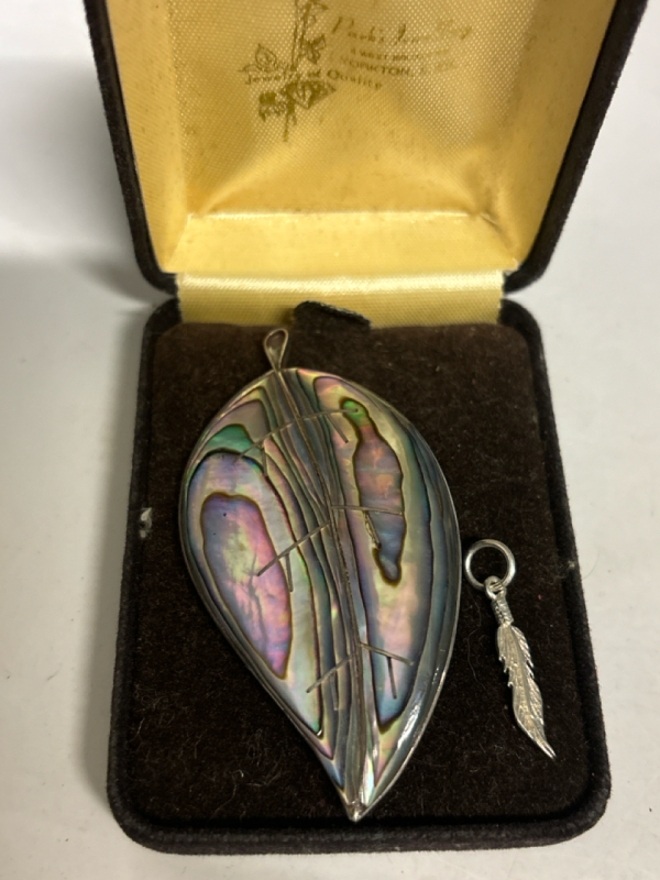 Sterling Hecho En Mexico Paua Shell Leaf Brooch Signed Sterling Feather Charm
