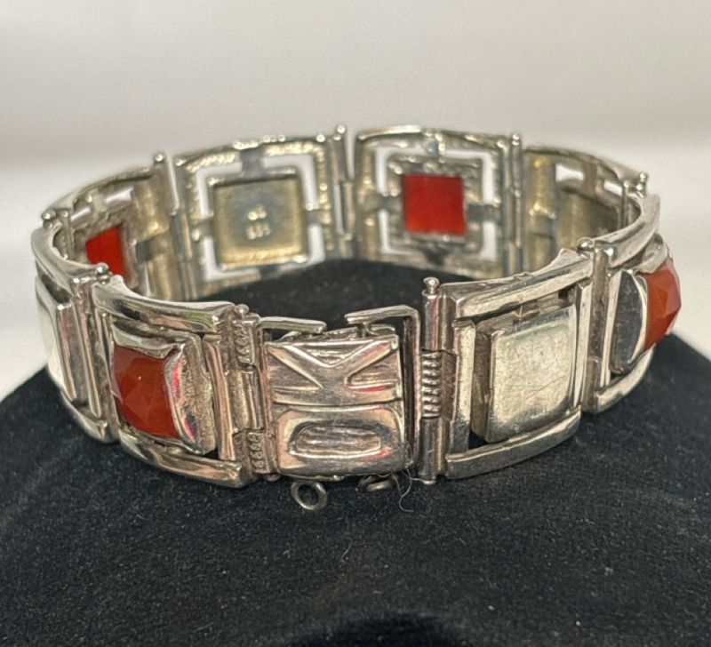 DK 925 Sterling Art Deco Style Carnelian Panel Link Bracelet