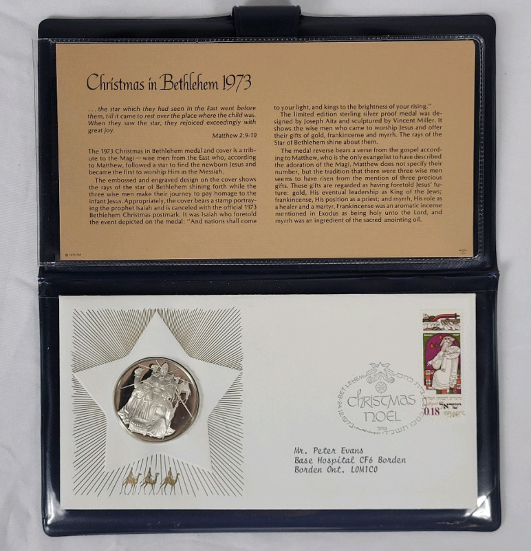 1973 Christmas in Bethlehem Sterling Silver Token & 1st Day Issue Stamp . Issued by the Franklin Mint