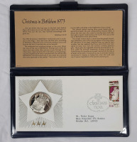 1973 Christmas in Bethlehem Sterling Silver Token & 1st Day Issue Stamp . Issued by the Franklin Mint