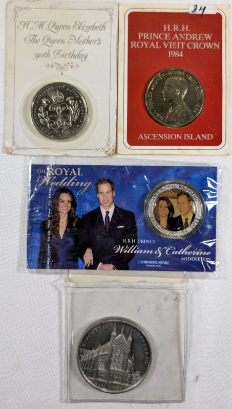 1860-2011 Coin Lot Including White Metal Medal By Bennett of Sarum, c. 1860, 1984 Ascension Island Prince Andrew Royal Visit Coin, 1990 Queen Mother's Birthday Commemorative Coin & 2011 The Royal Wedding Toronto Star Commemorative Coin