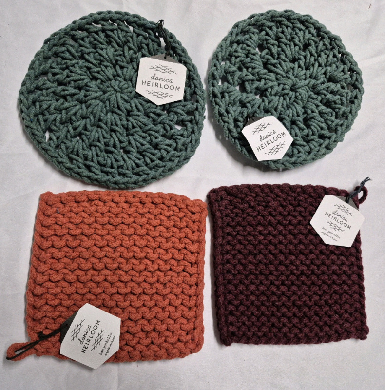 4 New Danica Heirloom Knit Potholders / Trivets