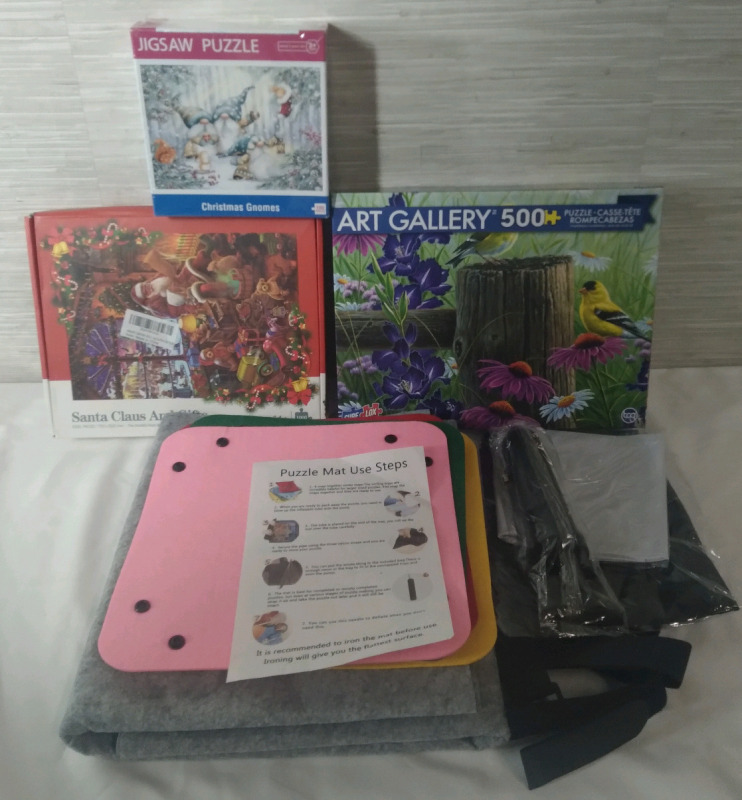 3 New Boxes Of Puzzles and Puzzle 62" Mat with Trays