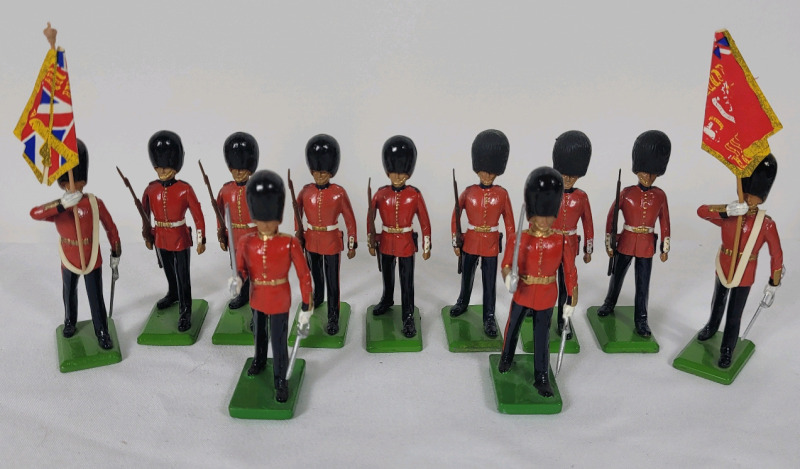 Eleven (11) Britains " Scots Guards Color Party and Escort " Metal Toy Soldiers , 54mm . Complete Set from Different Edition (1986 & 1990)