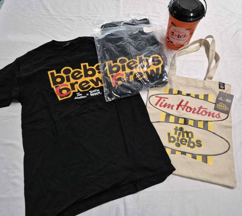 3 New Tim Hortons sz Medium Justin Beiber T-shirts & Canvas Bag & Trick or Treat Bucket