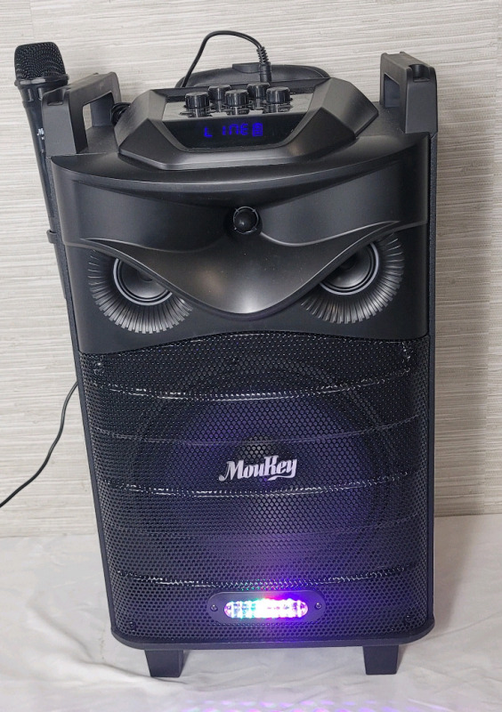 Moukey Karaoke Machine Speaker,Bluetooth Portable Speaker PA System w/10" Subwoofer, Microphone, MP3/USB/TF/FM (RMS 140W to 520W Peak). Tested Working, with Original Box