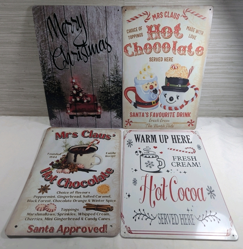 4 New: Christmas Metal Tin Signs - All 12" x 8"