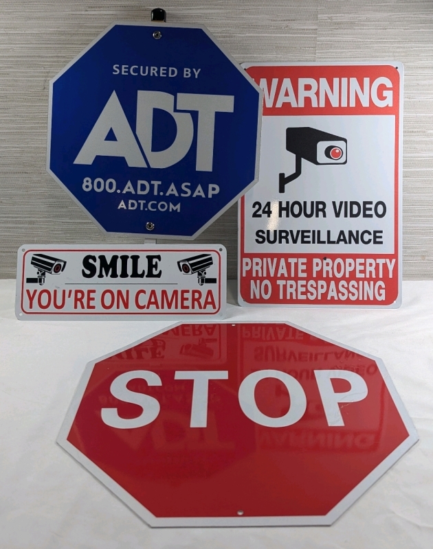 5 New: Security Metal Tin Signs - Stop Sign 30cm Across - 24H Surveillance 12" x 8" - Smile On Camera 25cm x 9cm - Secured ADT 10" Across