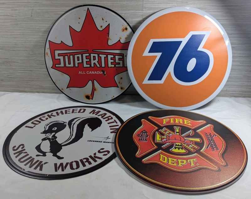 4 New: Round Metal Tin Signs - All 30cm Diameter