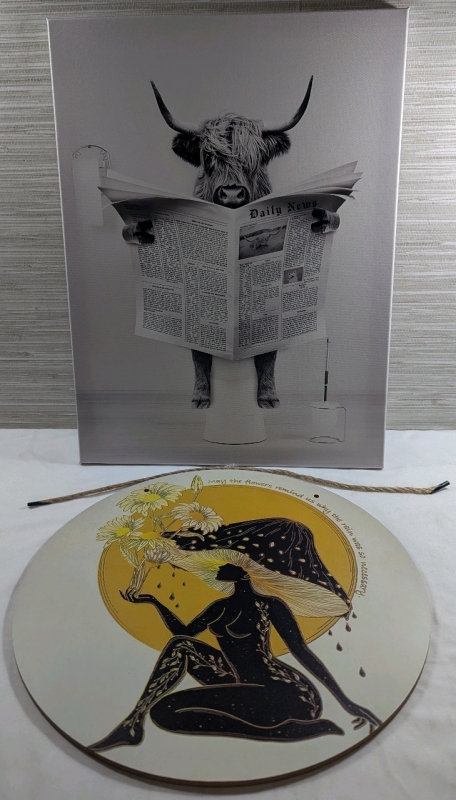 2 New: Prints - Cow Reading Paper on Toilet 40cm x 30cm - Mushroom Girl Print 30cm Diameter