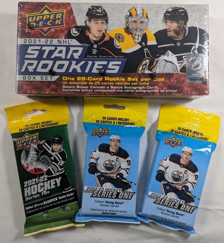 Sealed Wax Box and 3 Card Packs All Upper Deck - 2021-22 - NHL Hockey Trading Cards - Star Rookies - 25 Card Rookie Set per Box - 2(Two) 2022-23 Series One - Young Guns - 30 Cards per Pack - 1(One) 2021-22 Series Two - Young Guns - 26 Cards per Pack