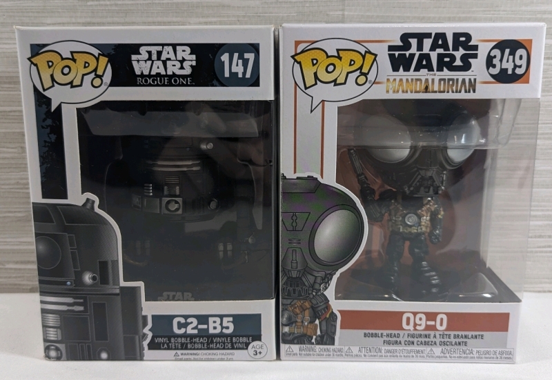 2 New Star Wars Funko Pop! - 1 The Mandalorian Q9-0 Bobble Head #349 - 1 Rogue One C2-B5 Vinyl Bobble Head #147