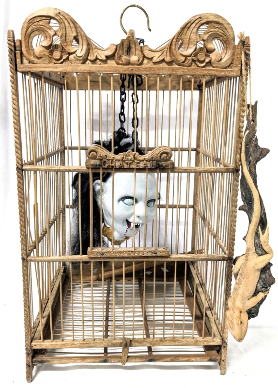 Eclectic Vintage Wood + Bamboo Decorative Bird Cage "Chateau" w Decapitated Toy Vampire Head and Sculpted Iguana Figure on Wood | Cage 12.5" x 12.5" x 20" Tall