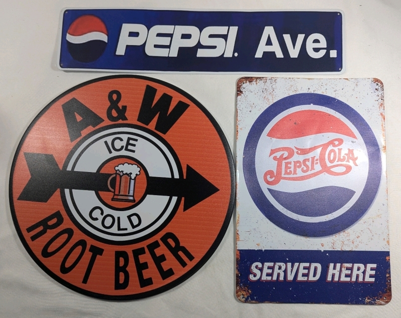 3 New: Soda Metal Tin Signs - Pepsi Ave. 15.5" x 3.75" - Pepsico 12" x 8" - A&W 30cm Diameter